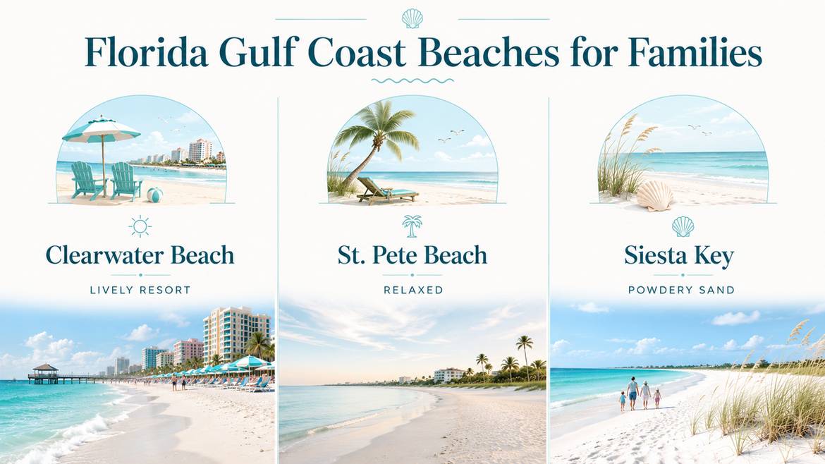 Infographic comparing Clearwater Beach, St. Pete Beach, and Siesta Key for family travel