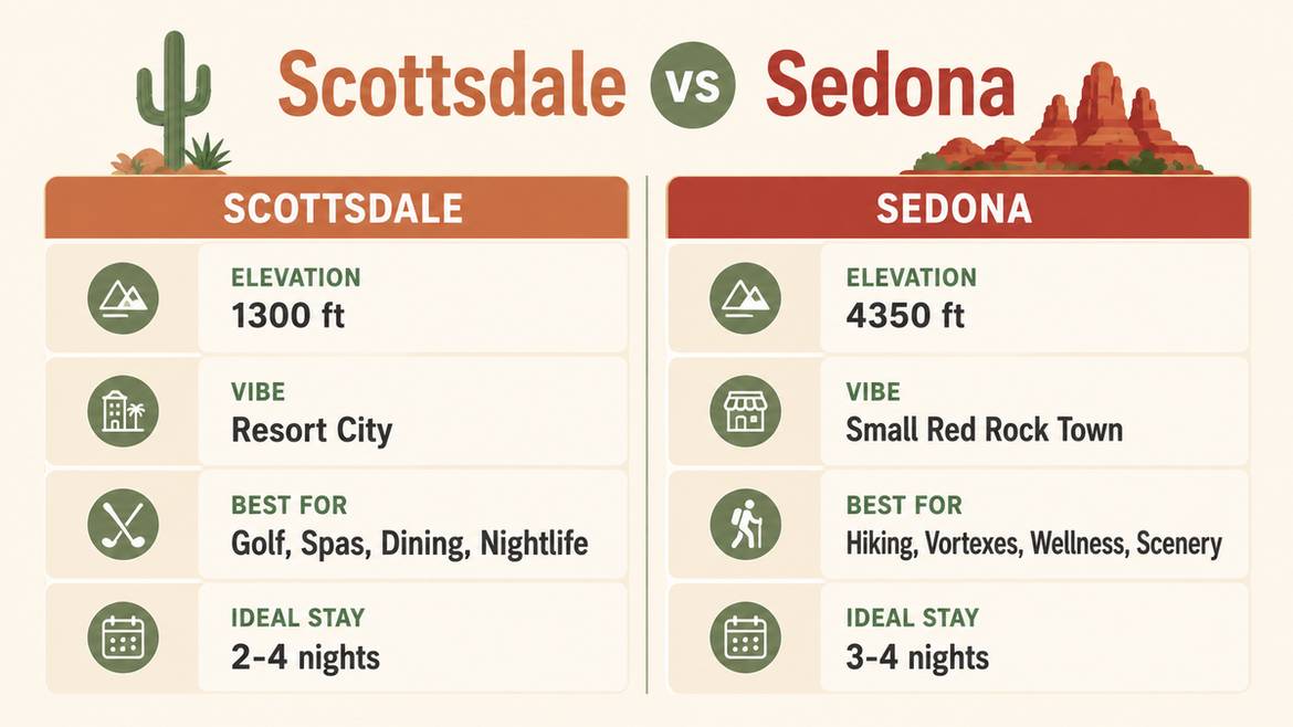 Scottsdale vs Sedona side by side comparison infographic showing elevation, vibe, activities, and ideal length of stay