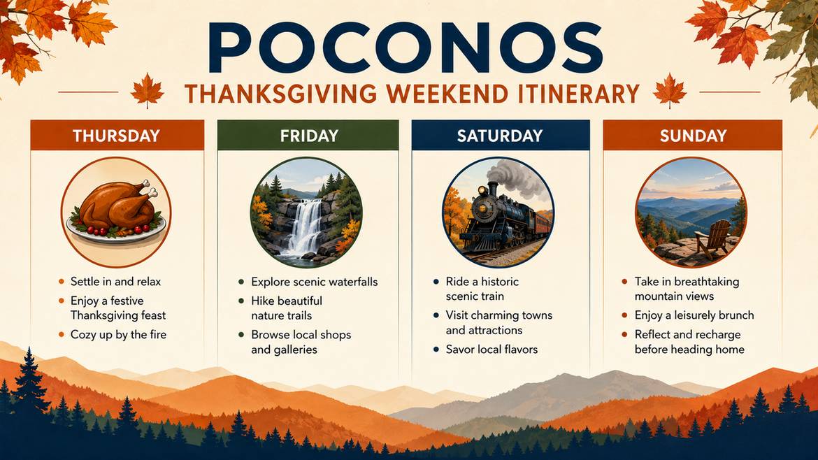 Poconos Thanksgiving Weekend Itinerary infographic showing Thursday through Sunday plan