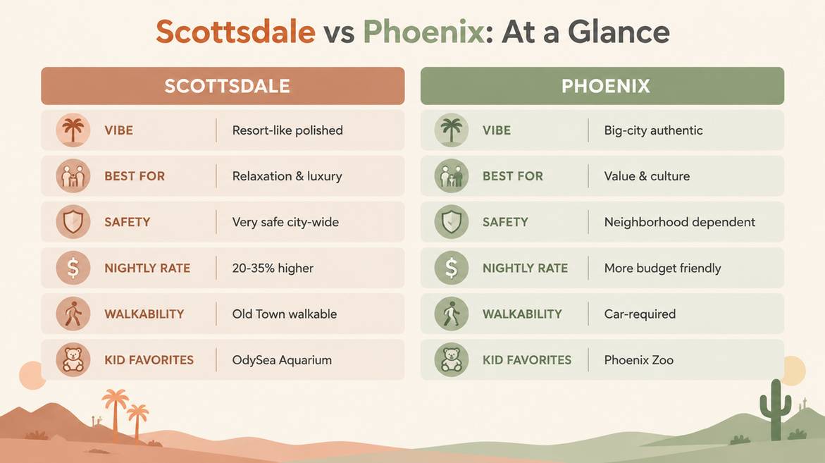 Comparison of Scottsdale and Phoenix for families across vibe, safety, cost, and more